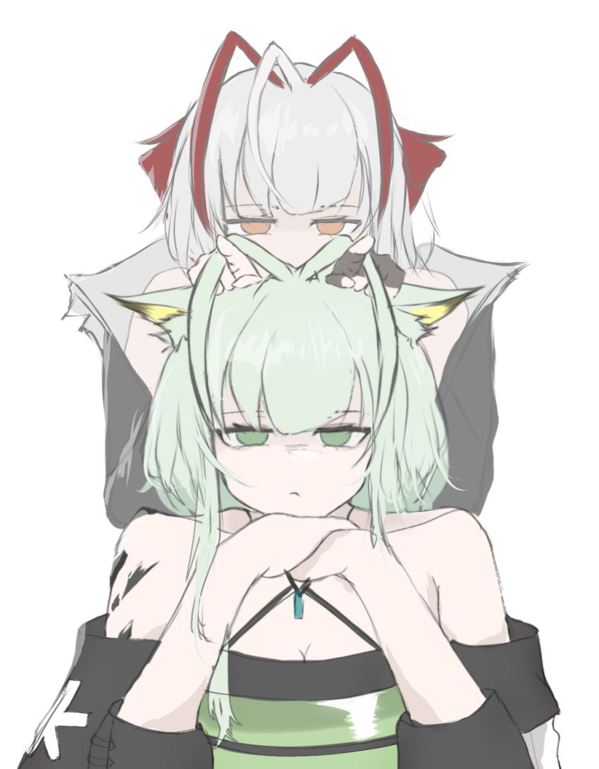 2girls ahoge animal_ear_fluff animal_ears antennae arknights bare_shoulders black_jacket breasts cat_ears cat_girl cleavage closed_mouth collarbone demon_horns dress fingerless_gloves gloves green_dress green_eyes green_hair head_rest highres horns jacket kal'tsit_(arknights) looking_at_viewer mebe_(teadia_violet) multiple_girls no_pupils off-shoulder_dress off_shoulder playing_with_another's_hair revision short_hair short_hair_with_long_locks sidelocks simple_background single_glove small_breasts unamused upper_body w_(arknights) white_background white_hair yellow_eyes