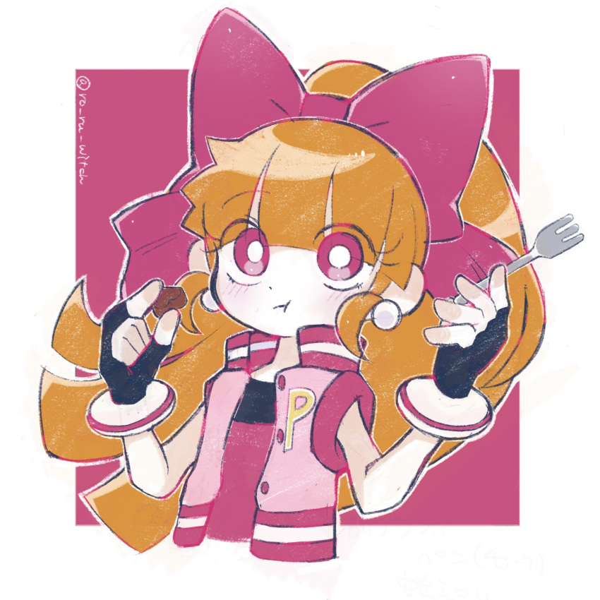 1girl :t blossom_(ppg) blunt_bangs bow earrings eating eyelashes fingerless_gloves fork gloves highres holding holding_fork jacket jewelry long_hair multicolored_clothes multicolored_jacket pink_bow pink_eyes ponytail powerpuff_girls_z red_hair ro_ru_witch undershirt