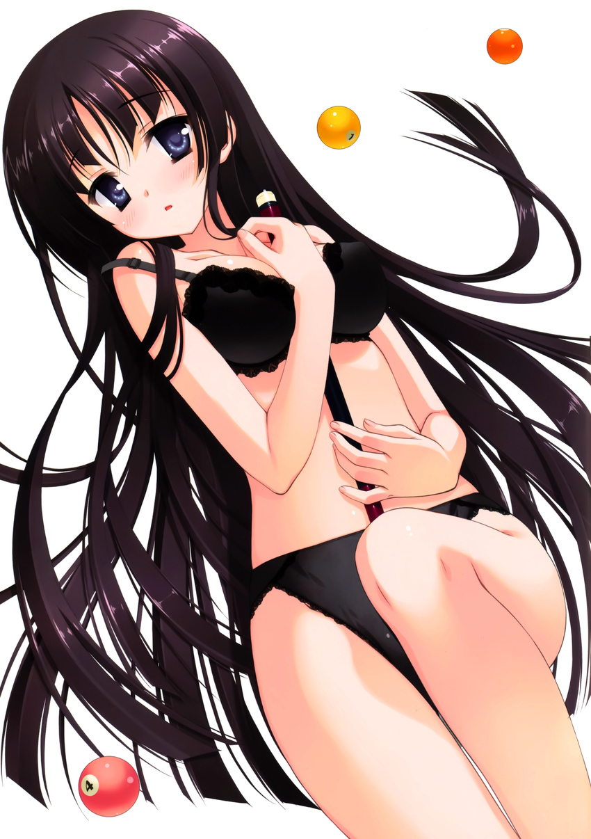 absurdres between_breasts black_bra black_hair black_panties blue_eyes bra breasts cleavage cue_ball cue_stick hidan_no_aria highres hotogi_shirayuki kobuichi lace lace-trimmed_bra lace-trimmed_panties long_hair lying medium_breasts panties parted_lips scan solo strap_slip underwear underwear_only very_long_hair