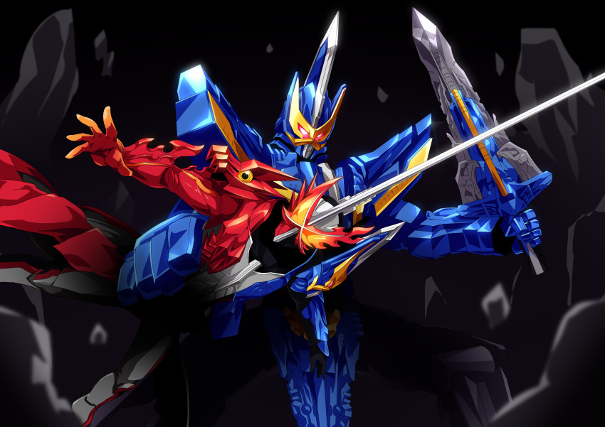 absurdres character_request commentary_request dark_background dual_wielding fighting_stance highres holding improvised_weapon kamen_rider kamen_rider_saber kamen_rider_saber_(series) otokamu standing