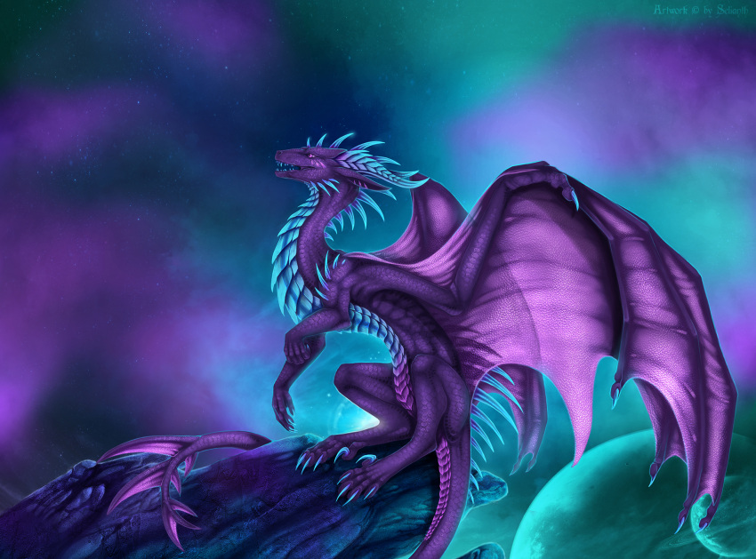 ambiguous_gender blue_body blue_claws blue_horn blue_scales blue_spikes claws dragon fantasy feral hi_res horn looking_up planet purple_body purple_scales rock scales selianth sky solo space star starry_sky