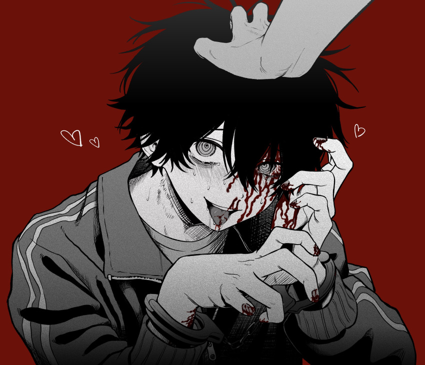 1boy 1other absurdres blood blood_on_face blood_on_hands broken_fingernails cuffs greyscale hair_between_eyes hand_on_another's_head handcuffs heart highres imai_akira jacket long_sleeves looking_at_viewer male_focus monochrome open_mouth original red_background saliva simple_background spot_color sweat tears tongue tongue_out upper_body