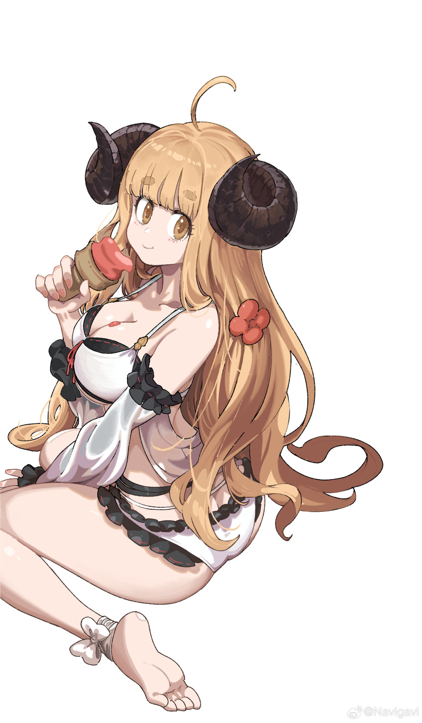 1girl absurdres ahoge anila_(granblue_fantasy) anila_(summer)_(granblue_fantasy) ass blonde_hair breasts cleavage draph eating flower granblue_fantasy hair_flower hair_ornament highres horns ice_cream_cone jun_(navigavi) large_breasts long_hair sheep_horns swimsuit thick_eyebrows thighs very_long_hair weibo_logo weibo_username white_background