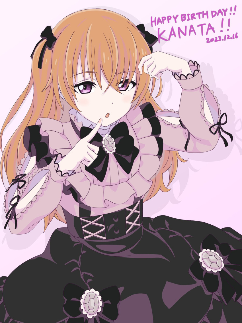 1girl arm_cutout black_bow black_bowtie black_skirt bow bowtie character_name clothing_cutout cooking_with_love dated finger_to_mouth frilled_shirt frilled_shirt_collar frilled_sleeves frills hair_between_eyes hair_bow happy_birthday high-waist_skirt highres jirai_kei konoe_kanata long_hair long_sleeves looking_at_viewer love_live! love_live!_nijigasaki_high_school_idol_club multiple_hair_bows myrain56991013 open_mouth orange_hair pink_shirt purple_eyes shirt sidelocks skirt solo two_side_up upper_body white_background