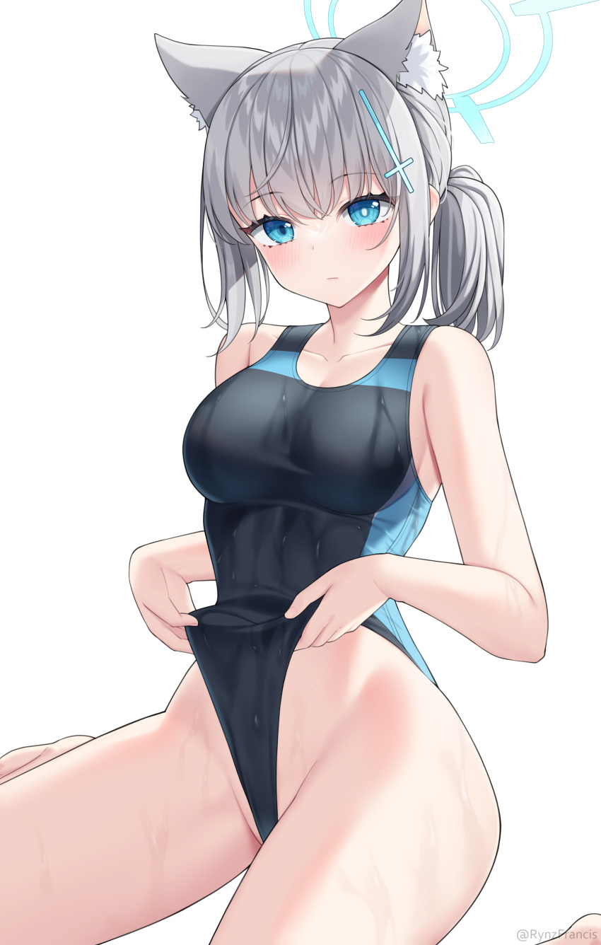 1girl absurdres animal_ear_fluff animal_ears blue_archive blue_eyes blush breasts closed_mouth collarbone extra_ears grey_hair hair_ornament halo highres large_breasts looking_at_viewer mismatched_pupils official_alternate_costume official_alternate_hairstyle one-piece_swimsuit rynzfrancis shiroko_(blue_archive) shiroko_(swimsuit)_(blue_archive) sitting solo swimsuit thighs two-tone_swimsuit wet wolf_ears