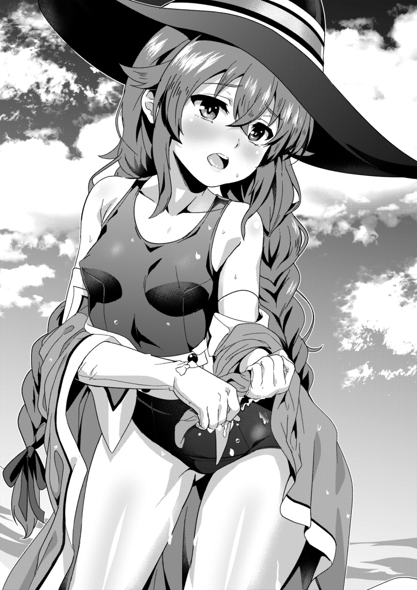 1girl alternate_breast_size ass_visible_through_thighs black_ribbon blush braid breasts cloak cloud covered_nipples elbow_gloves eyebrows_hidden_by_hair feet_out_of_frame fuyumi_kazuki gloves greyscale hair_between_eyes hair_ribbon hat head_tilt highres long_bangs long_hair medium_breasts monochrome mushoku_tensei ocean one-piece_swimsuit open_mouth ribbon roxy_migurdia sky solo swimsuit teeth twin_braids upper_teeth_only very_long_hair wet wet_clothes white_gloves witch_hat wringing_clothes