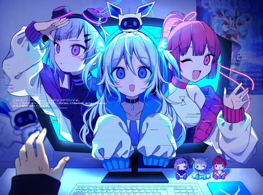 3girls :3 :d ;d black_choker blue_eyes blue_hair breasts character_doll choker closed_mouth commentary_request dark_room denonbu glitch goggles goggles_on_head hair_between_eyes hand_up highres indoors jacket kanou_hikari keyboard_(computer) long_hair long_sleeves looking_at_viewer looking_to_the_side medium_breasts monitor multicolored_hair multiple_girls neneruneru one_eye_closed open_hand open_mouth pink_eyes pink_hair poster_(object) pov pov_hands purple_eyes purple_hair short_hair sleeves_past_fingers sleeves_past_wrists smile streaked_hair sweatdrop through_screen translation_request turtleneck upper_body v7mtdf waving white_hair white_jacket yanami_rain