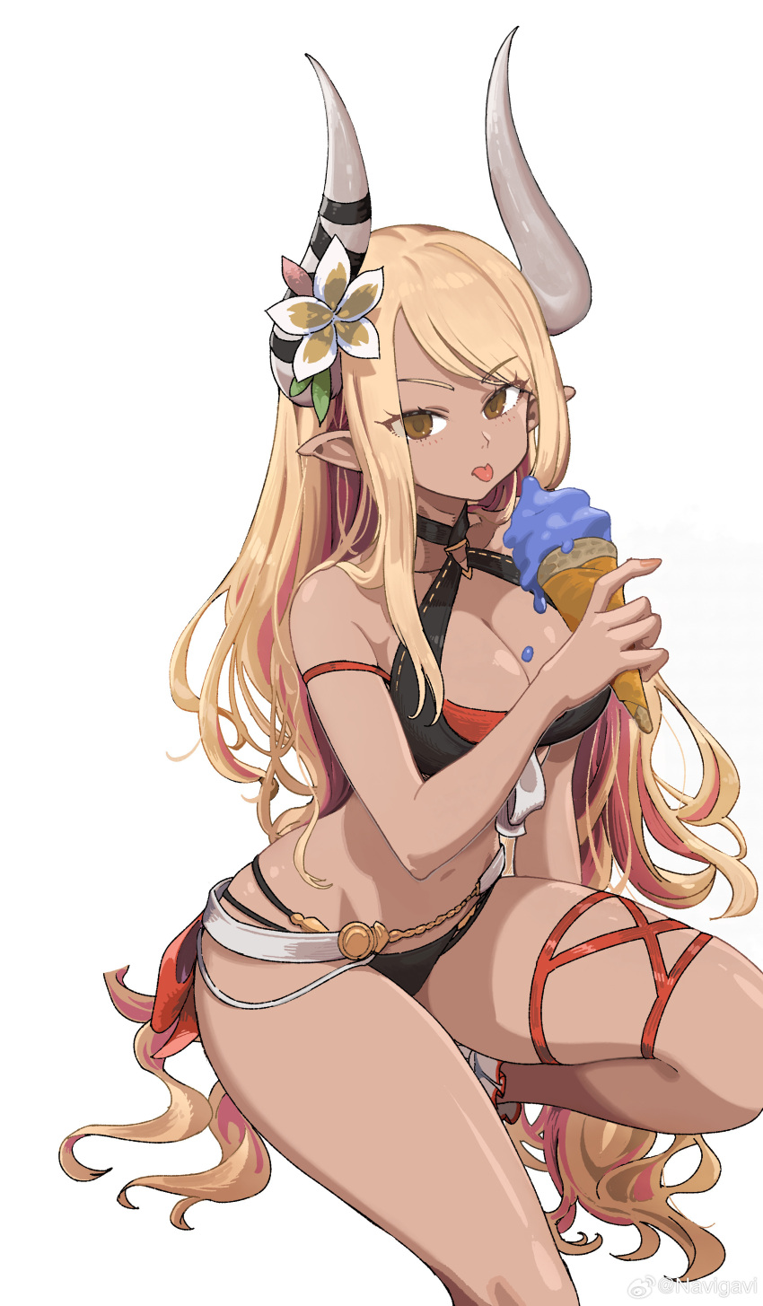 1girl absurdres blonde_hair breasts cleavage dark-skinned_female dark_skin draph eating flower granblue_fantasy hair_flower hair_ornament highres horns ice_cream_cone jun_(navigavi) kumbhira_(granblue_fantasy) kumbhira_(summer)_(granblue_fantasy) large_breasts long_hair swimsuit thighs very_long_hair weibo_logo weibo_username white_background