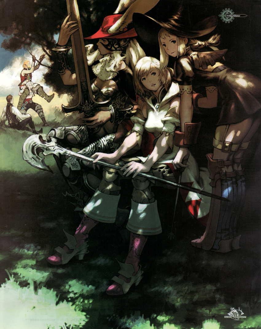 3boys 3girls animal_ears ashelia_b'nargin_dalmasca ashelia_b'nargin_dalmasca balflear balthier basch_fon_ronsenburg black_mage bunny_ears carrying female final_fantasy final_fantasy_xii fran greaves hat high_heels highres jewelry leaning_forward male multiple_boys multiple_girls necklace official_art penelo red_mage shoes shoulder_carry square_enix staff sword tree vaan vambraces viera weapon white_mage witch_hat wizard_hat yoshida_akihiko