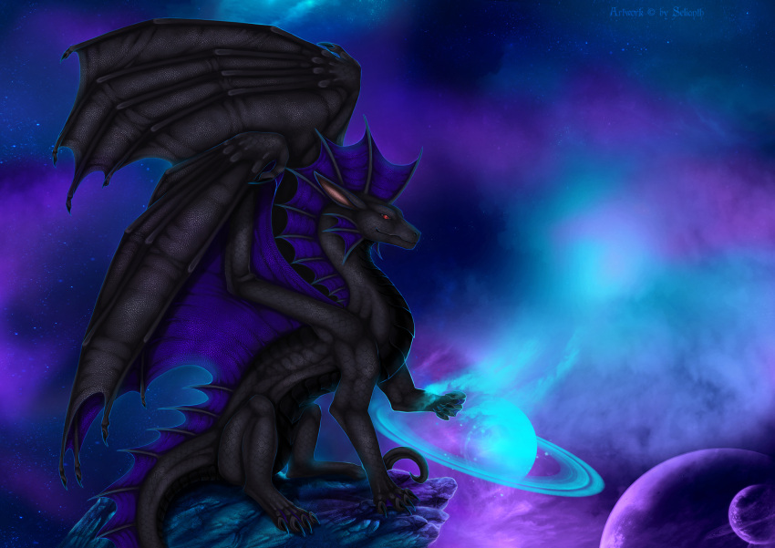 ambiguous_gender cloud dragon fantasy feral glowing hi_res moon planet rock selianth sitting solo space star ych