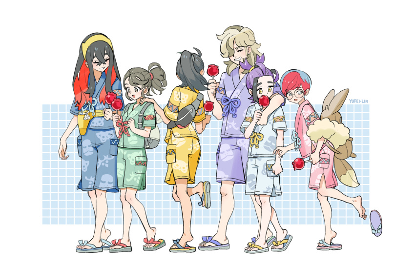 2boys 4girls :d arven_(pokemon) backpack bag blue_shirt blue_shorts brown_bag candy_apple carmine_(pokemon) closed_eyes commentary_request food from_side glasses green_shirt green_shorts grin hairband highres holding jacket juliana_(pokemon) kieran_(pokemon) knees leg_up long_hair looking_back multicolored_hair multiple_boys multiple_girls nemona_(pokemon) open_mouth penny_(pokemon) pokemon pokemon_sv ponytail purple_jacket purple_shorts red_hair round_eyewear sandals shirt short_hair short_sleeves shorts single_barefoot smile standing teeth two-tone_hair yellow_hairband yellow_shirt yellow_shorts yufei_lin