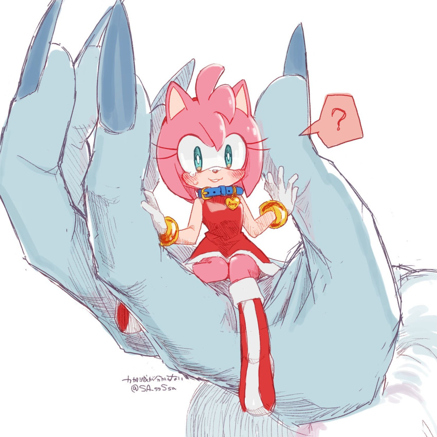 amy_rose animal_collar blush boots claws collar dress eyelashes fingernails giant_hand gloves gold_bracelet hairband hand_size_difference hedgehog hedgehog_ears highres knee_boots konjiki_ringo long_fingernails red_dress red_footwear red_hairband signature size_difference sonic_(series) sonic_the_hedgehog sonic_the_werehog sonic_unleashed teardrop