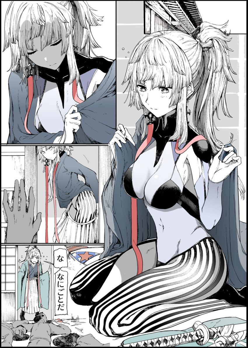 1girl american_flag_bikini armpit_cutout bikini bodysuit breasts closed_eyes clothing_cutout earrings fate/grand_order fate/samurai_remnant fate_(series) flag_print greyscale hakama hakama_skirt highres japanese_clothes jewelry katana kimono long_hair long_sleeves medium_breasts monochrome ponytail sidelocks sitting skirt spot_color swimsuit sword syatey thigh_cutout two-tone_bodysuit wariza weapon wide_sleeves yui_shousetsu_(fate) yui_shousetsu_(first_ascension)_(fate)