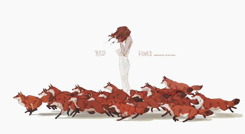 1girl absurdres animal animal_focus artist_name backless_dress backless_outfit commentary dated dress english_commentary english_text fox from_side hands_on_own_face highres long_hair medium_hair obscured original pale_skin red_fox red_hair running simple_background skinny standing surrounded too_many too_many_foxes white_background xi_zhang