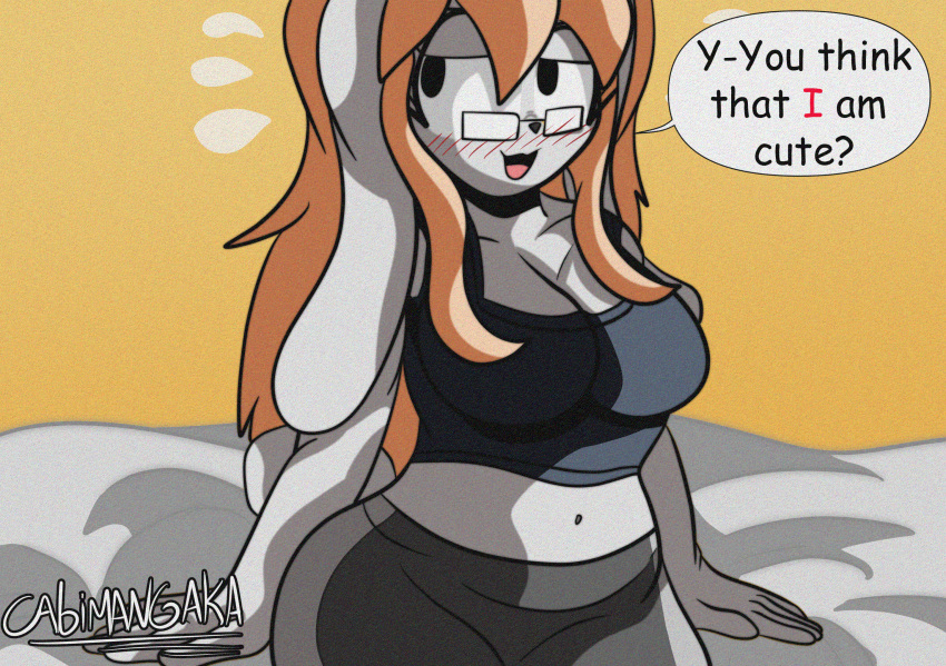 &lt;3 anthro bed betty_(tonytoran) big_breasts black_eyes blonde_hair blush bodily_fluids breasts cabimangaka cleavage clothed clothing dialogue english_text eyewear female fur furniture glasses hair hi_res lagomorph leporid long_ears long_hair mammal rabbit shaded shirt signature small_glasses solo sweat sweatdrop tank_top text thick_thighs topwear white_body white_fur wide_hips