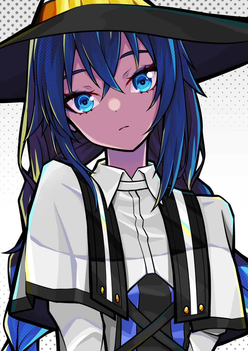 1girl absurdres blue_eyes blue_hair braid capelet closed_mouth collar flat_chest hair_between_eyes hat head_tilt highres jacket ji-rex lips long_hair looking_at_viewer mushoku_tensei roxy_migurdia solo twin_braids upper_body very_long_hair white_capelet white_collar white_jacket witch_hat