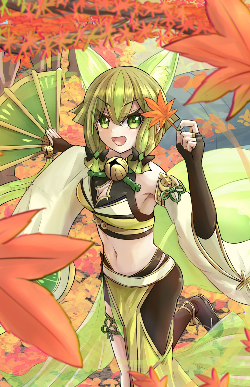 1girl :d animal_ears anmo_nomi autumn autumn_leaves bare_shoulders bell blonde_hair breasts bridal_gauntlets cleavage cleavage_cutout clothing_cutout commentary_request crop_top detached_sleeves duel_monster energy_tail fox_ears fox_girl fox_tail green_eyes green_tail hair_between_eyes hair_ribbon hand_fan hand_up highres holding holding_fan holding_leaf hu-li_the_jewel_mikanko leaf lime_print looking_at_viewer medium_breasts midriff multicolored_hair navel neck_bell open_mouth pelvic_curtain ribbon shirt short_hair_with_long_locks sidelocks single_leg_pantyhose smile solo standing standing_on_one_leg streaked_hair tail tree tress_ribbon wide_sleeves yellow_shirt yu-gi-oh!