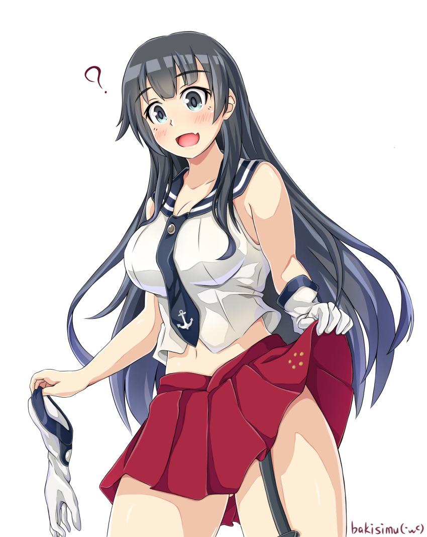 1girl ? absurdres agano_(kancolle) anchor_symbol black_hair black_sailor_collar blush breasts gloves green_eyes highres kantai_collection koutetunamekuji large_breasts long_hair looking_at_viewer necktie open_mouth pleated_skirt red_skirt sailor_collar school_uniform serafuku simple_background single_strap skirt sleeveless twitter_username white_background white_gloves