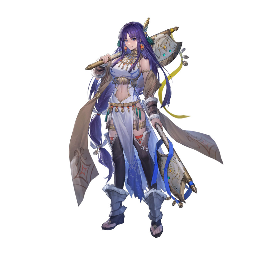 1girl akka altina_(fire_emblem) altina_(unrivaled_dawn)_(fire_emblem) axe bare_shoulders breasts clothing_cutout dual_wielding earrings fire_emblem fire_emblem:_radiant_dawn full_body hair_tie holding holding_axe jewelry large_breasts long_hair looking_at_viewer navel navel_cutout official_alternate_costume official_art pelvic_curtain purple_eyes purple_hair smile solo tachi-e very_long_hair