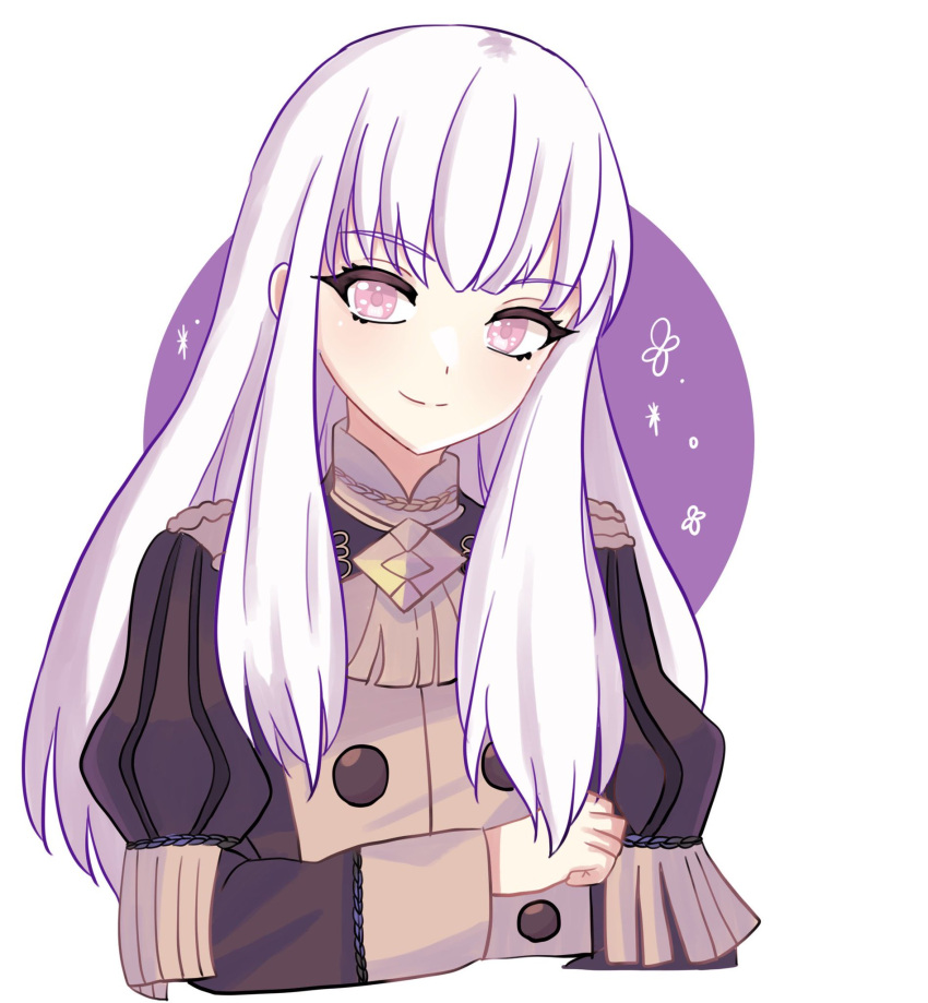 1girl buttons closed_mouth commentary_request eyelashes fire_emblem fire_emblem:_three_houses garreg_mach_monastery_uniform highres long_hair lysithea_von_ordelia n_54 pink_eyes puffy_sleeves purple_background sidelocks smile solo two-tone_background upper_body white_background white_hair