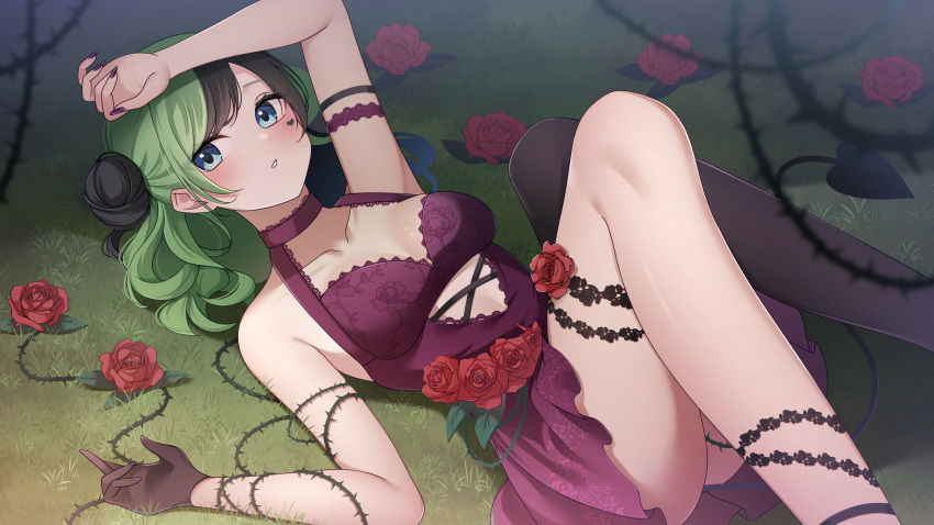 1girl absurdres airi_viridis arm_strap bare_shoulders black_gloves black_hair black_thighhighs blue_eyes blush breasts cleavage clothing_cutout collarbone commentary demon_tail dress english_commentary flower gloves grass green_hair guri_(gri1211) hair_bun hand_on_own_head heart heart_tattoo highres lying multicolored_hair nail_polish on_back on_grass plant purple_dress purple_nails red_flower red_rose rose second-party_source shadow single_glove single_thighhigh solo tail tattoo thigh_strap thighhighs v-dere vines virtual_youtuber