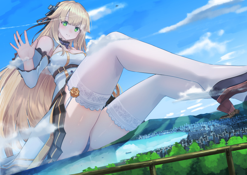 1girl absurdres aircraft airplane aurora_(azur_lane) azur_lane black_panties blonde_hair blue_sky breasts city closed_mouth cloud commission giant giantess green_eyes high_heels highres large_breasts long_hair looking_at_viewer mountain panties rudder_footwear sigure-zzzz sitting skeb_commission sky smile solo thighhighs underwear very_long_hair white_thighhighs