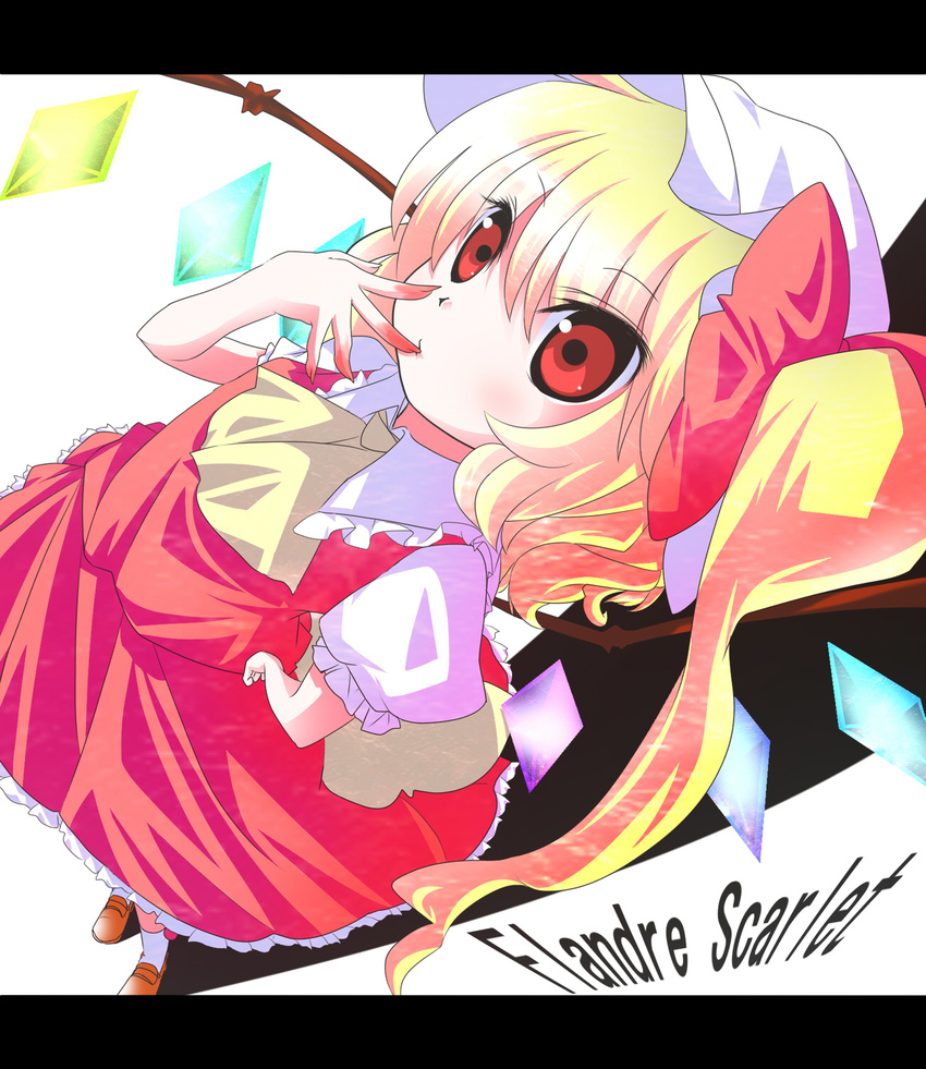 ascot blonde_hair blood bloody_hands finger_licking flandre_scarlet foreshortening hand_on_hip highres letterboxed licking puffy_sleeves ramutaizumu red_eyes short_sleeves side_ponytail solo touhou wings