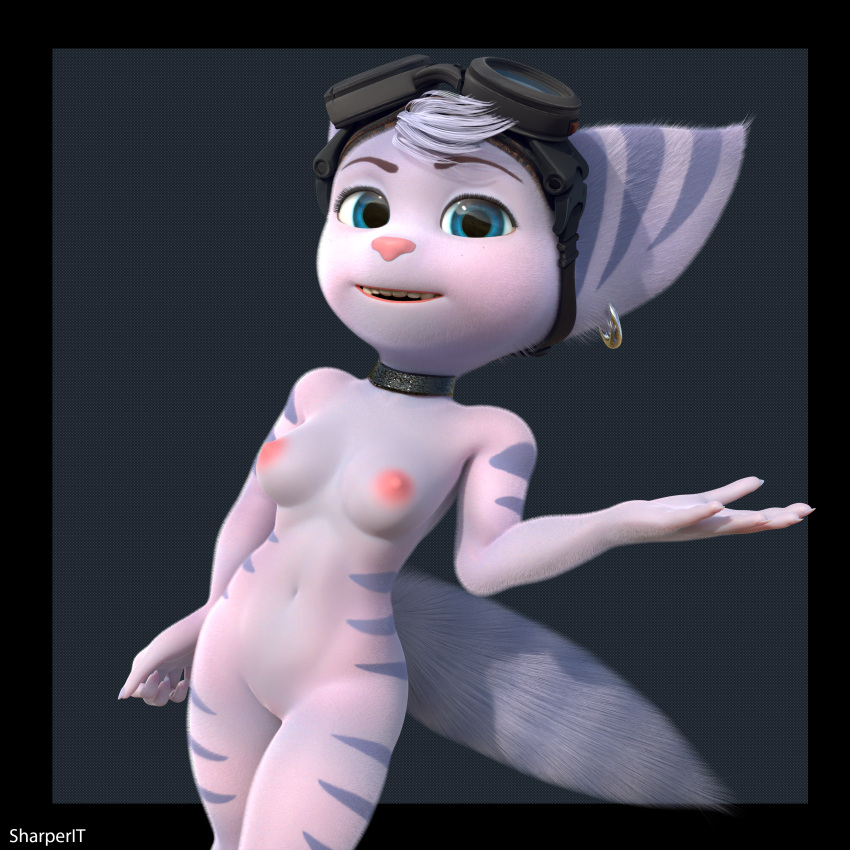 1:1 3d_(artwork) absurd_res anthro areola black_clothing blue_eyes blush breasts butt clothed clothing cybernetic_arm cybernetic_limb digital_media_(artwork) ear_piercing ear_ring eyewear eyewear_on_head female fur genitals goggles goggles_on_head hair hi_res latex lingerie lombax looking_at_viewer machine mammal nipples open_mouth piercing presenting presenting_hindquarters presenting_pussy prosthetic prosthetic_arm prosthetic_limb pussy ratchet_and_clank ring_piercing rivet_(ratchet_and_clank) sharperit simple_background smile solo sony_corporation sony_interactive_entertainment stripes swimwear tail teeth tongue translucent translucent_clothing translucent_latex white_body white_fur widescreen