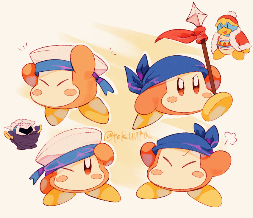 :d ^_^ armor arms_up artist_name bandana bandana_waddle_dee blue_bandana blush blush_stickers brown_eyes cape closed_eyes commentary fur-trimmed_jacket fur-trimmed_sleeves fur_trim hat highres holding holding_polearm holding_weapon jacket king_dedede kirby_(series) long_sleeves looking_at_viewer mask meta_knight notice_lines one_eye_closed open_clothes open_jacket open_mouth pauldrons polearm pom_pom_(clothes) purple_cape red_headwear red_jacket running sailor_hat sailor_waddle_dee shoulder_armor simple_background smile spear tokuura twitter_username v-shaped_eyebrows weapon white_background white_headwear yellow_background