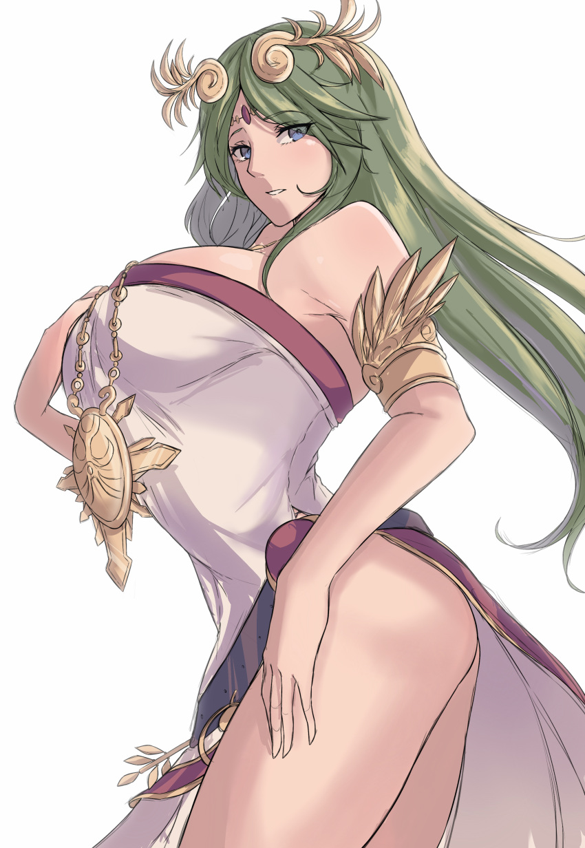 1girl absurdres armlet bare_legs bare_shoulders breasts calmgreentori chain chiton circlet dress forehead_jewel gold_chain green_eyes green_hair highres jewelry kid_icarus kid_icarus_uprising large_breasts long_hair neck_ring palutena parted_bangs pendant side_slit solo strapless strapless_dress very_long_hair white_background white_dress