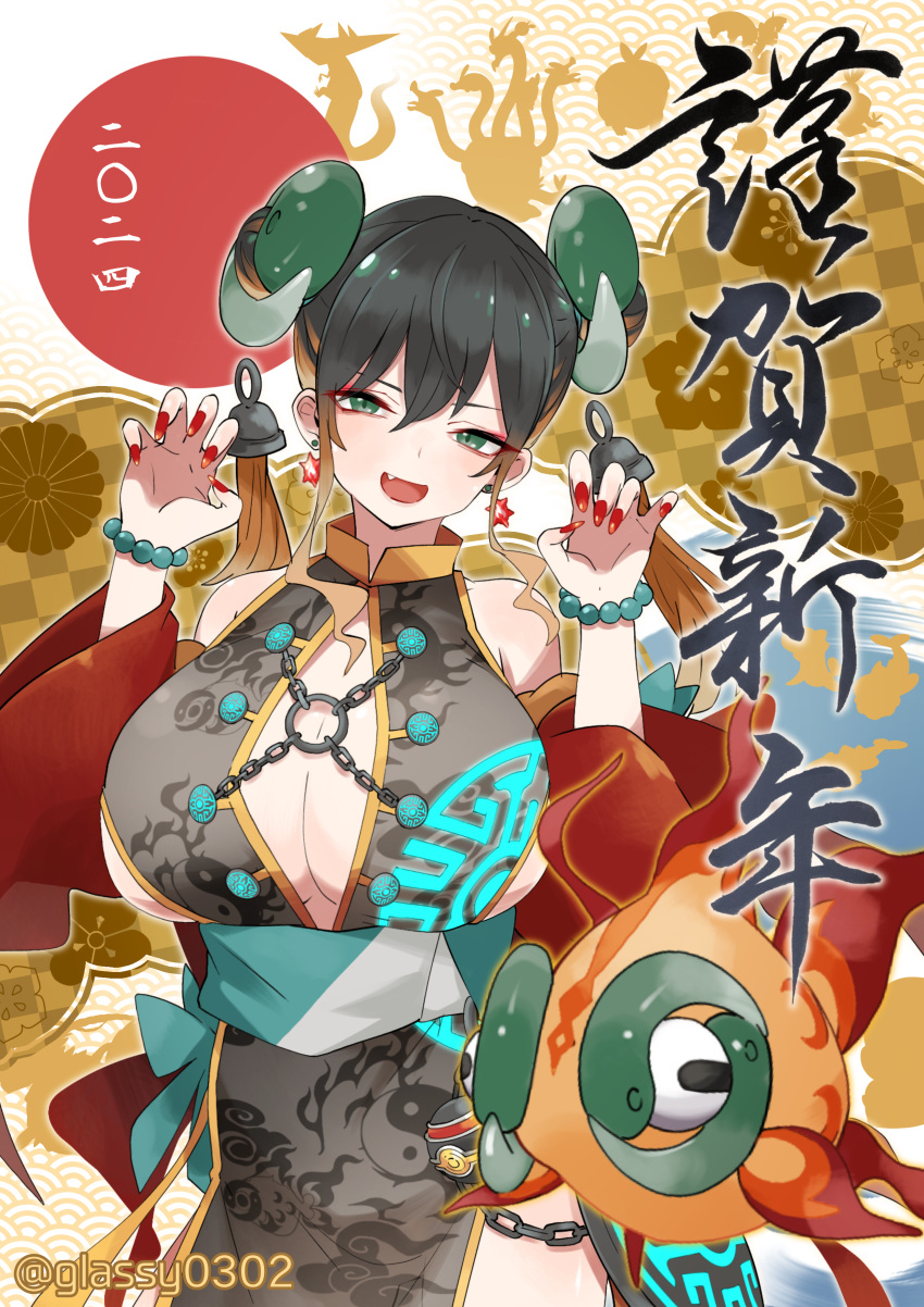 1girl absurdres arms_up artist_name bare_shoulders black_dress black_hair bracelet breasts brown_hair chi-yu_(pokemon) china_dress chinese_clothes cleavage_cutout clothing_cutout detached_sleeves double_bun dress fang glassy0302 green_eyes hair_bun hair_ornament highres huge_breasts jewelry kuraishi_rinngo looking_at_viewer multicolored_hair open_mouth original pokemon pokemon_(creature) pokemon_sv print_dress red_nails red_sleeves sidelocks translation_request two-tone_hair watermark