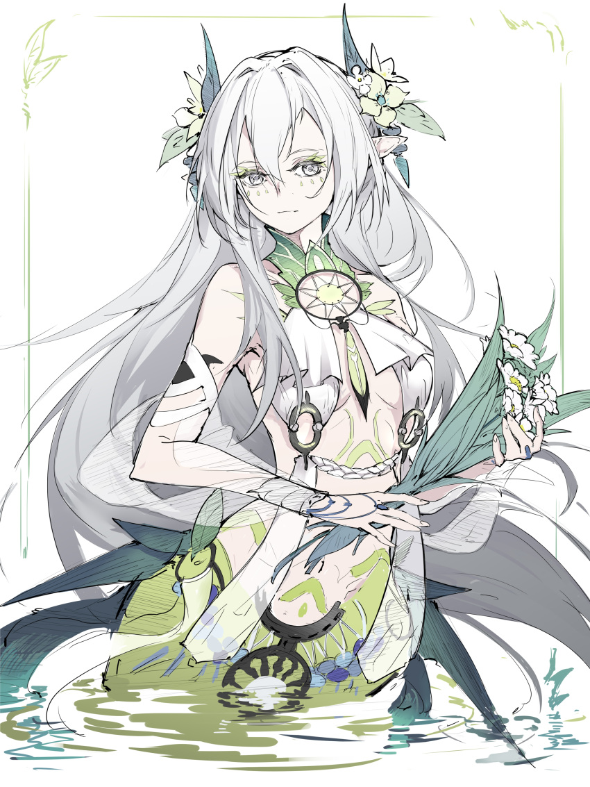 1girl absurdres alternate_costume bare_shoulders border bouquet breast_curtains breasts bridal_gauntlets cdlo collarbone colored_eyelashes dream_catcher druid facial_mark flower hair_between_eyes hair_flower hair_intakes hair_ornament halterneck highres holding holding_bouquet in_water lamia_(punishing:_gray_raven) limited_palette long_hair looking_at_viewer medium_breasts outside_border partially_submerged pointy_ears punishing:_gray_raven revealing_clothes simple_background solo underboob upper_body water white_background white_eyes white_flower white_hair