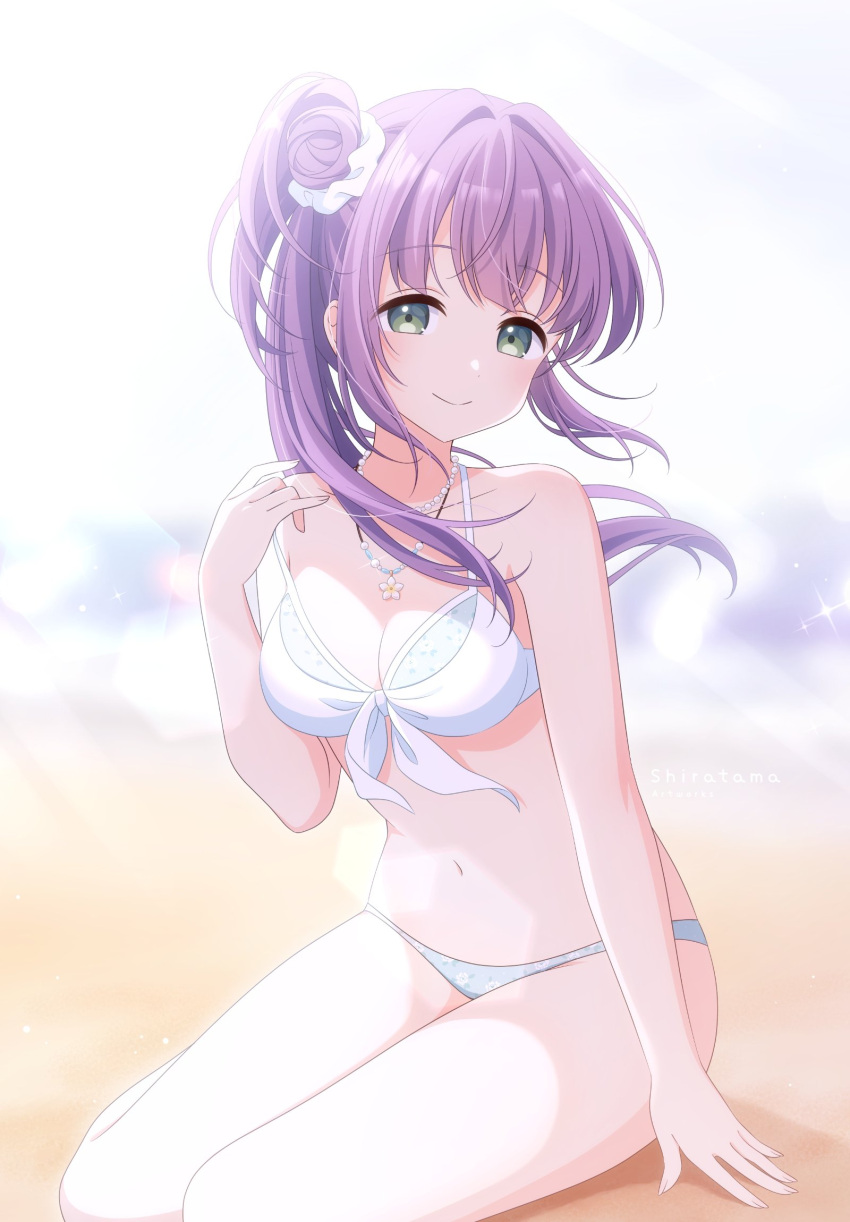 1girl bikini breasts cleavage floral_print flower front-tie_bikini_top front-tie_top green_eyes hair_bun hair_ornament hair_scrunchie highres jewelry link!_like!_love_live! long_hair looking_at_viewer love_live! navel necklace otomune_kozue purple_hair scrunchie shiratama_(siratama_ll) side_ponytail sitting smile solo swimsuit thighs