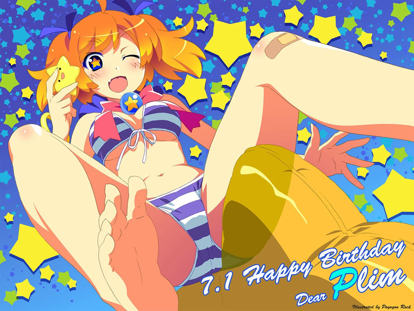 ;d bandaid bandaid_on_knee barefoot bikini blue_eyes blush bow breasts breasts_apart fang feet from_below front-tie_top gradient_hair looking_at_viewer looking_down medium_breasts multicolored_hair navel one_eye_closed open_mouth orange_hair plim pov_feet simple_background smile soles star star-shaped_pupils starry_background striped striped_bikini striped_swimsuit swimsuit symbol-shaped_pupils toes twinkle_soft watanabe_akio