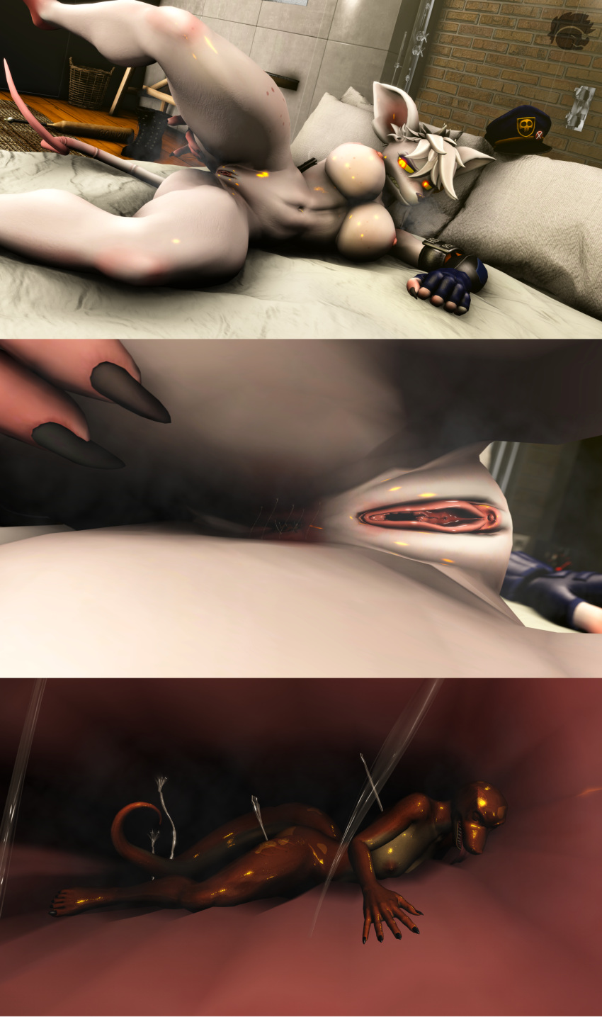 3d_(artwork) absurd_res anal anal_penetration anal_vore anthro anus bed biped butt close-up digital_media_(artwork) extreme_close-up extreme_size_difference female female_pred fur furniture genitals hair hi_res internal lizard_(petruz) mammal micro murid murine nude officer_flint_(foretbwat) on_bed penetration pink_anus pussy rat reptile rodent scalie size_difference skrekdathird solo source_filmmaker vore warfare_machine white_body white_fur white_hair