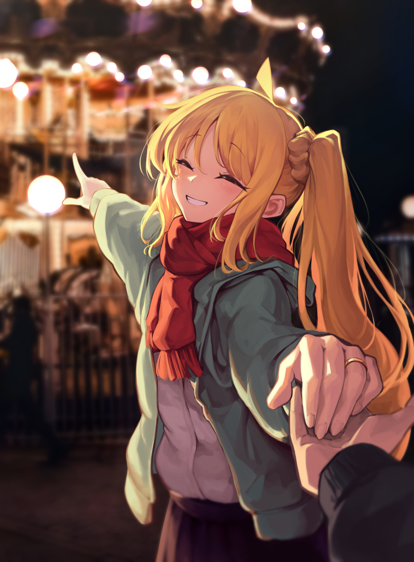 1girl absurdres black_sweater blonde_hair bocchi_the_rock! carousel green_jacket highres holding_hands ijichi_nijika jacket jewelry ky_dako night pointing pov pov_hands red_scarf ring scarf shirt side_ponytail skirt sweater wedding_ring white_shirt
