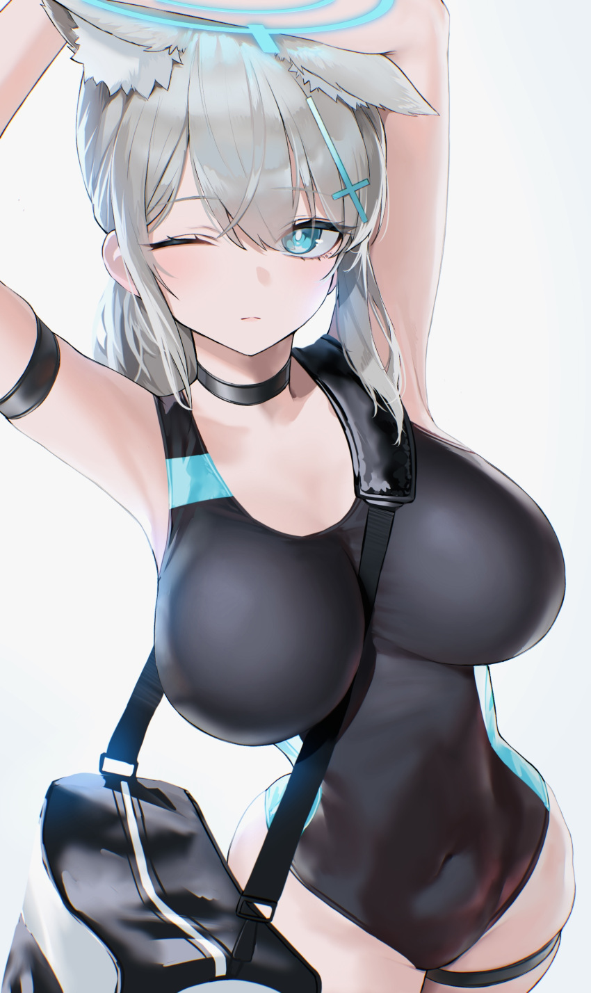 1girl absurdres animal_ear_fluff animal_ears armpits arms_up bag black_choker black_one-piece_swimsuit blue_archive blue_eyes blue_halo blush breasts choker closed_mouth competition_swimsuit covered_navel cowboy_shot cross_hair_ornament extra_ears grey_background grey_hair hair_ornament halo highres kazane-wind large_breasts looking_at_viewer medium_hair one-piece_swimsuit one_eye_closed shiroko_(blue_archive) shiroko_(swimsuit)_(blue_archive) simple_background solo swimsuit thigh_strap wolf_ears