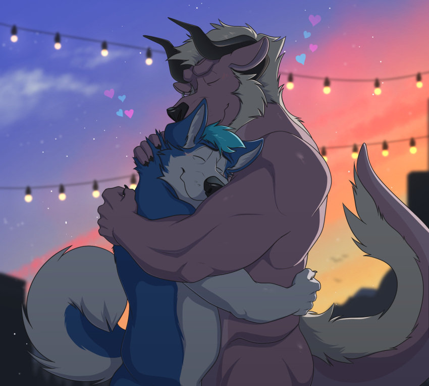 &lt;3 absurd_res anthro behemoth_(ff) blue_body blue_fur blue_hair blush canid canine canis domestic_dog duo embrace final_fantasy fur hair hi_res horn hug husky male male/male mammal maverick_(unpopularwolf) nordic_sled_dog outside spitz square_enix string_lights sunset tye_husky unpopularwolf white_hair