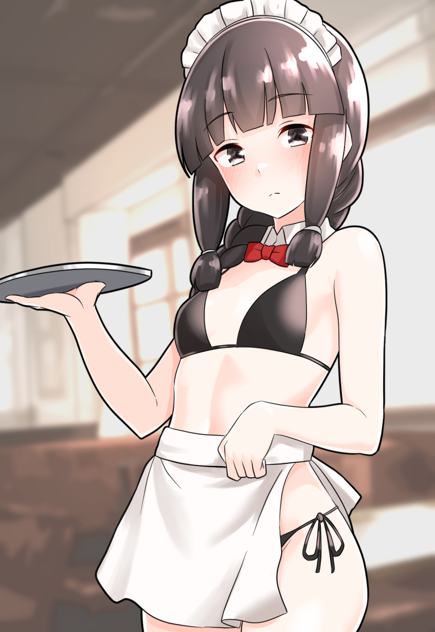 1girl alternate_costume apron bikini black_bikini black_hair blunt_bangs blurry blurry_background braid breasts furaggu_(frag_0416) grey_eyes hair_over_shoulder highres holding holding_tray kantai_collection kitakami_(kancolle) long_hair maid maid_bikini maid_headdress side-tie_bikini_bottom sidelocks single_braid small_breasts solo swimsuit tray unconventional_maid waist_apron white_apron