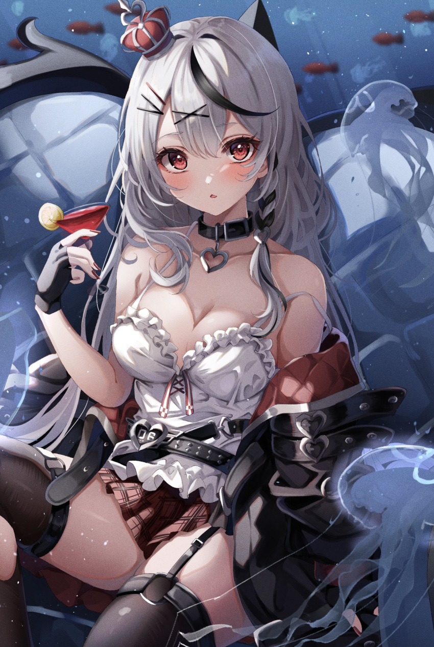 1girl belt belt_collar black_belt black_collar black_garter_straps black_gloves black_hair black_jacket black_thighhighs blush braid breasts cleavage collar crown cup drinking_glass fingerless_gloves garter_straps gloves grey_hair hair_ornament heart_belt highres holding holding_cup hololive jacket jellyfish large_breasts long_hair looking_at_viewer mini_crown miniskirt multicolored_clothes multicolored_hair multicolored_jacket nail_polish red_eyes red_jacket red_nails red_skirt sa-ya2 sakamata_chloe sakamata_chloe_(1st_costume) single_braid skirt streaked_hair thighhighs torn_clothes torn_thighhighs two-tone_jacket virtual_youtuber wine_glass x_hair_ornament