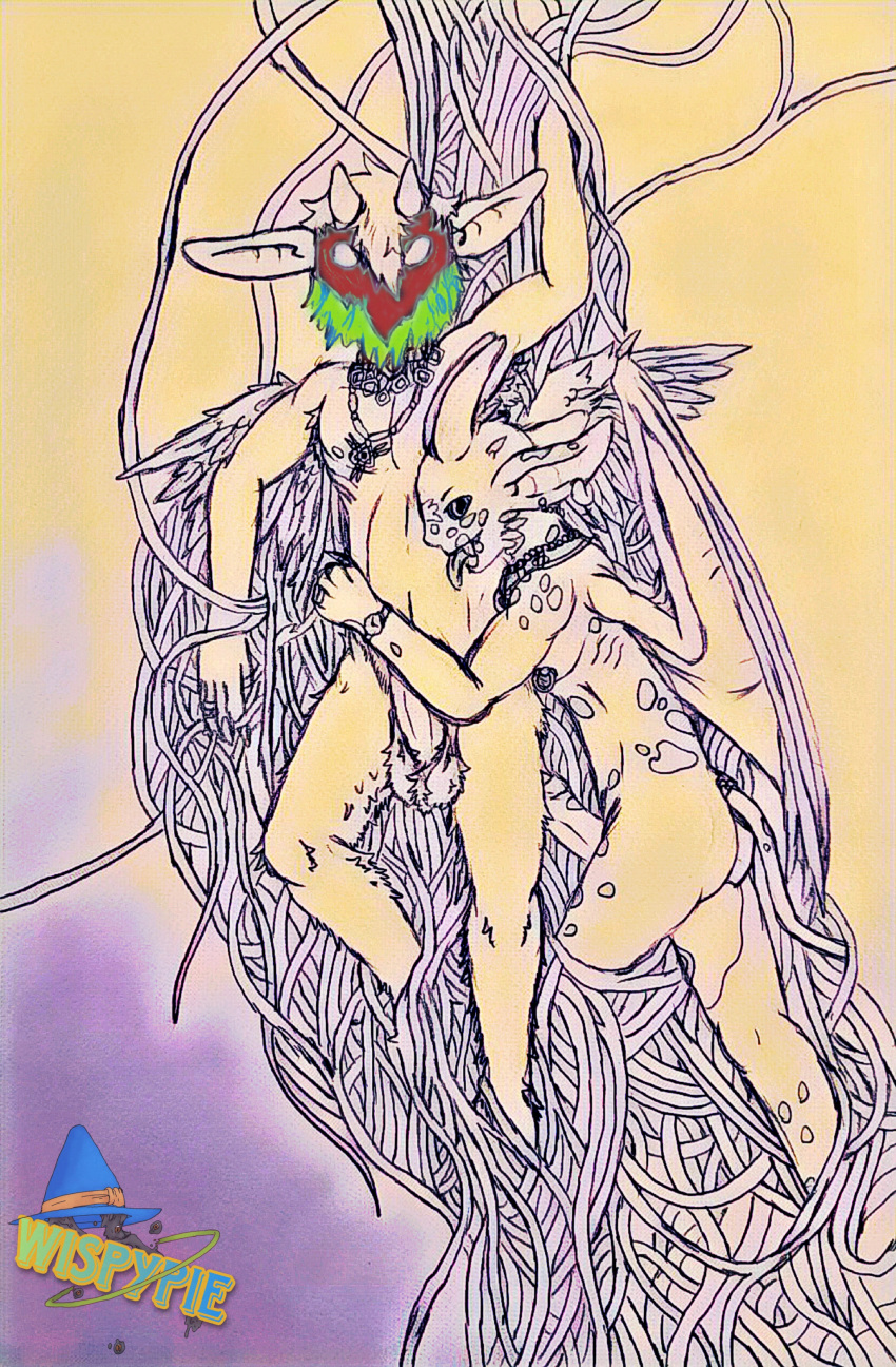 absurd_res arm_around_partner armpit_hair ball_tuft balls bat_wings body_hair clock duo ear_piercing ear_ring entangled feathered_wings feathers genitals hair hi_res high-angle_view horn humanoid humanoid_pointy_ears imp jewelry licking looking_at_viewer lying magic magic_user male male/male markings married_couple mask membrane_(anatomy) membranous_wings necklace nipple_piercing nipple_ring nipples piercing plant ring ring_piercing shopped simon_crawford simple_background third-party_edit tongue tongue_out traditional_media_(artwork) tuft vines watch welkin_(wispypie) wings wispypie