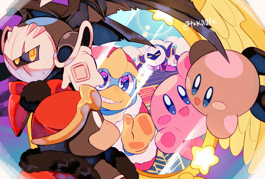 :d armor armored_boots artist_name black_wings blue_eyes blue_sky blush blush_stickers boots cape cloud commentary_request cracked_mask dark_meta_knight day different_reflection dimension_mirror fur-trimmed_jacket fur-trimmed_sleeves fur_trim gloves grin hat highres jacket king_dedede kirby kirby_(series) long_sleeves looking_at_another looking_to_the_side mask meta_knight mirror open_clothes open_jacket open_mouth pauldrons pom_pom_(clothes) purple_footwear red_footwear red_headwear red_jacket reflection shadow_dedede shadow_kirby shoulder_armor sky smile spiked_wings spikes standing star_(symbol) teeth tokuura torn_wings twitter_username v-shaped_eyebrows white_eyes white_gloves wings yellow_eyes