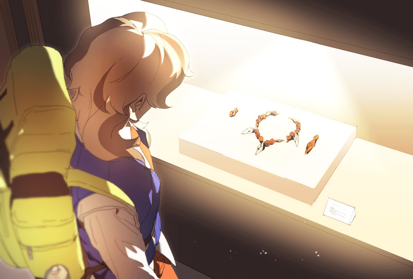 1boy arven_(pokemon) backpack bag brown_hair display_case highres jewelry long_hair long_sleeves multicolored_hair museum naranja_academy_school_uniform necklace necktie orange_necktie pokemon pokemon_sv pokemonnoye school_uniform shirt solo two-tone_hair vest yellow_bag