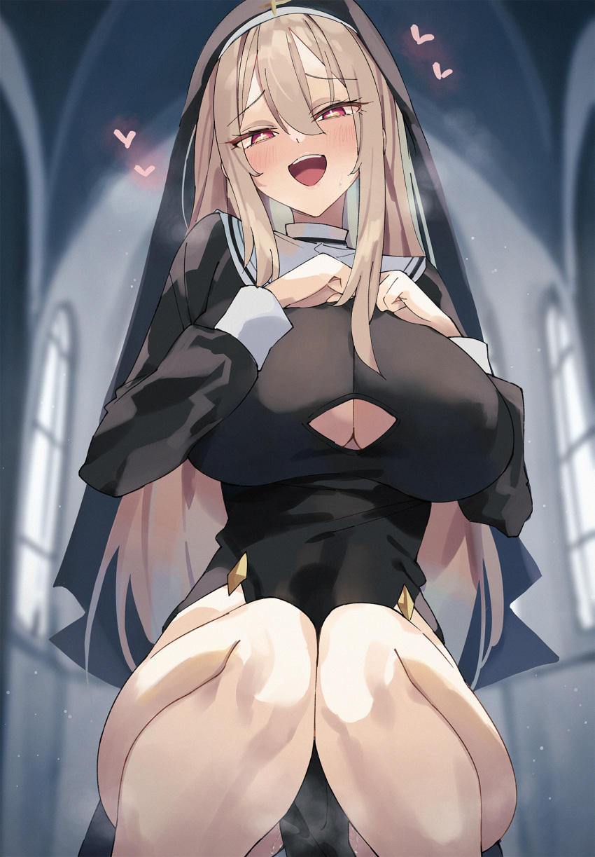 1girl :d black_dress blurry blurry_background blush breasts church clothing_cutout commentary_request dress hair_ears heart highres indoors large_breasts legs long_hair long_sleeves looking_at_viewer nun open_mouth original red_eyes smile solo squatting teeth thighs unacchi_(nyusankin) underboob_cutout upper_teeth_only