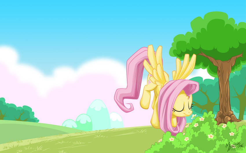 clouds cutie_mark equine eyes_closed female feral flower fluttershy_(mlp) flying friendship_is_magic fur hair horse mammal my_little_pony mysticalpha pegasus pink_hair pony sky solo tree wings wood yellow_fur
