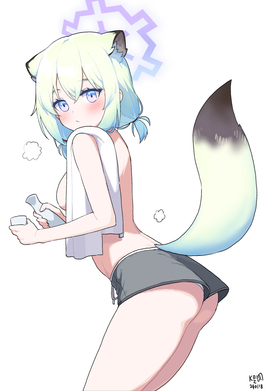 1girl animal_ears ass blue_archive blush breasts closed_mouth cowboy_shot dated dolphin_shorts green_hair grey_shorts hair_between_eyes halo highres medium_breasts myeolchi purple_eyes purple_halo shigure_(blue_archive) short_hair shorts signature simple_background solo tail weasel_ears weasel_tail white_background white_towel