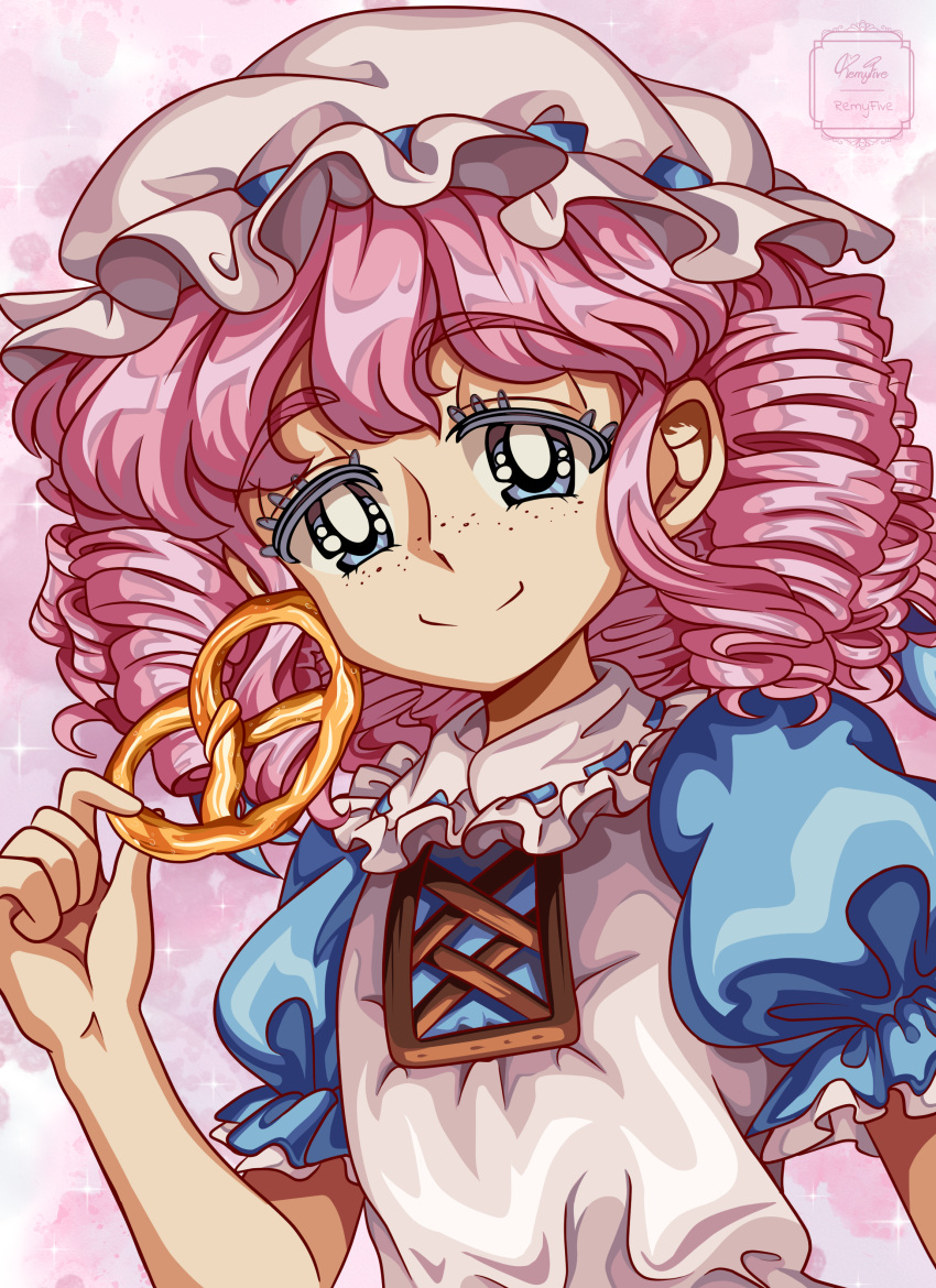 1990s_(style) 1girl absurdres apron blue_dress blue_eyes blue_ribbon curly_hair dress drill_hair facing_viewer food freckles frills highres holding holding_food light_smile little_goody_two_shoes muffy_(little_goody_two_shoes) pastel_colors pink_background pink_hair portrait pretzel puffy_short_sleeves puffy_sleeves remyfive retro_artstyle ribbon short_sleeves smug solo thick_eyebrows watercolor_background watermark white_apron white_headwear