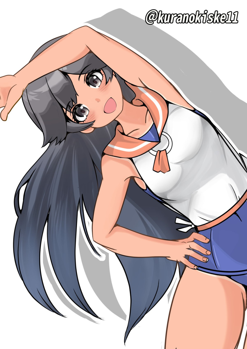 1girl black_hair blue_one-piece_swimsuit blush breasts exercise headgear highres i-400_(kancolle) kantai_collection kurano_kisuke long_hair looking_at_viewer neckerchief one-piece_swimsuit one-piece_tan open_mouth orange_sailor_collar pleated_skirt sailor_collar sailor_shirt school_swimsuit school_uniform serafuku shadow shirt side-tie_shirt skirt sleeveless sleeveless_shirt small_breasts smile solo swimsuit swimsuit_under_clothes tan tanlines twitter_username white_background