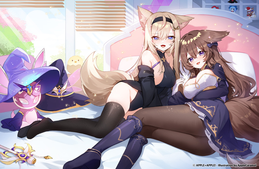 2girls :d animal_ears apple_caramel bed black_dress black_hairband black_pantyhose black_thighhighs blonde_hair blue_eyes breasts brown_hair commission detached_sleeves dress hair_ribbon hairband hat highres indoors large_breasts long_sleeves looking_at_viewer multiple_girls on_bed open_mouth original pantyhose purple_eyes ribbon smile stuffed_animal stuffed_toy tail thighhighs wand window witch_hat