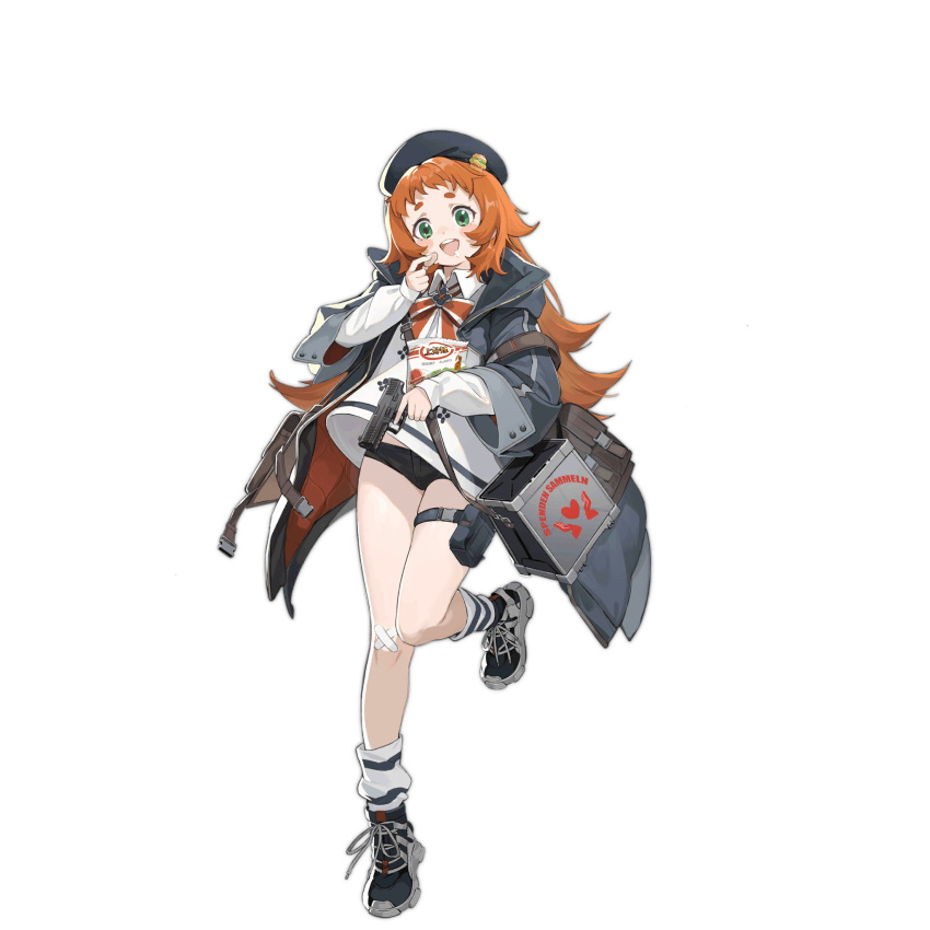 1girl :d bag bag_of_chips bandaid bandaid_on_knee bandaid_on_leg beret black_footwear black_shorts bow bowtie box brown_bag burger_hat_ornament chips_(food) coat container crossed_bandaids dazhangfu donation_box eating food freckles full_body girls'_frontline green_eyes grey_coat grey_headwear gun h&amp;k_vp9 handgun hat highres holding holding_bag holding_gun holding_weapon long_hair long_sleeves looking_at_viewer official_art open_clothes open_coat open_mouth orange_hair potato_chips pouch red_bow red_bowtie saliva shirt shoes short_shorts shorts sidelocks simple_background sleeves_past_wrists smile snap-fit_buckle sneakers socks solo standing standing_on_one_leg striped_clothes striped_socks teeth thigh_pouch thigh_strap third-party_source transparent_background trigger_discipline upper_teeth_only very_long_hair vp9_(girls'_frontline) weapon white_shirt wide_sleeves